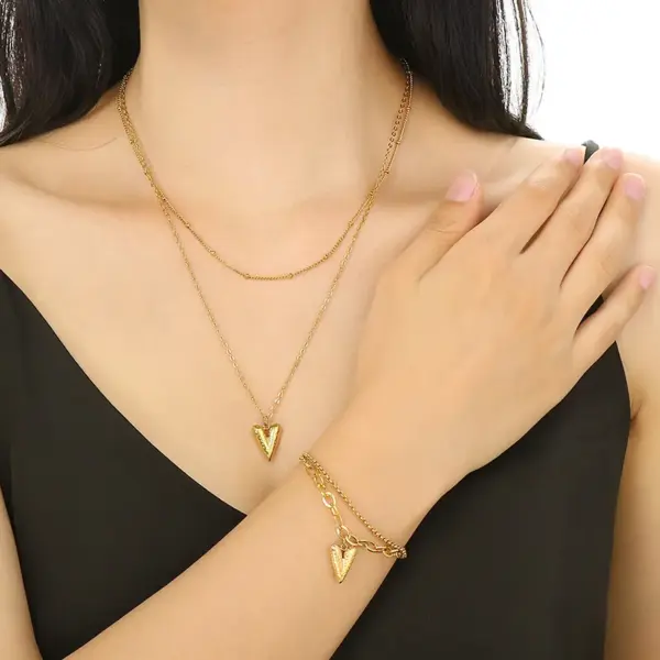 Wholesale Fashionable Minimalist Double Layer Stainless Steel Bead Chain Heart Pendant Splicing Chain Necklace Jewelry Set For Women