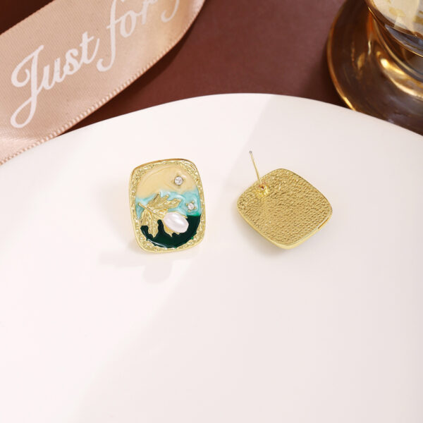 oly-3a9ac9d951c170a33c45947606b45032 Wholesale Sier Needle French Retro Art Oil Painting Wheat Ear Earrings Light Luxury High-grade Oil opping Oval Sunset Pearl Earrings