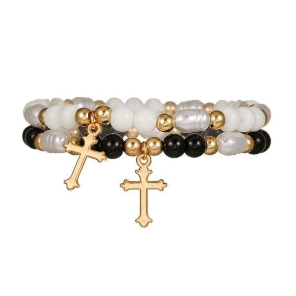 Wholesale Cross-border Hot-selling Elegant Cross Pendant Black Onyx Imitation Pearl Beaded Bracelet Women's Personalized Fashion Stacked Bracelet
