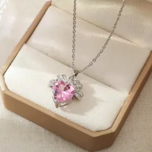 X5273# Pink Diamond Love Heart Bow Tie Necklace-ez1032-jinyou