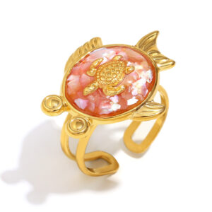 Turtle dripping oil and broken shell open ring-gold red