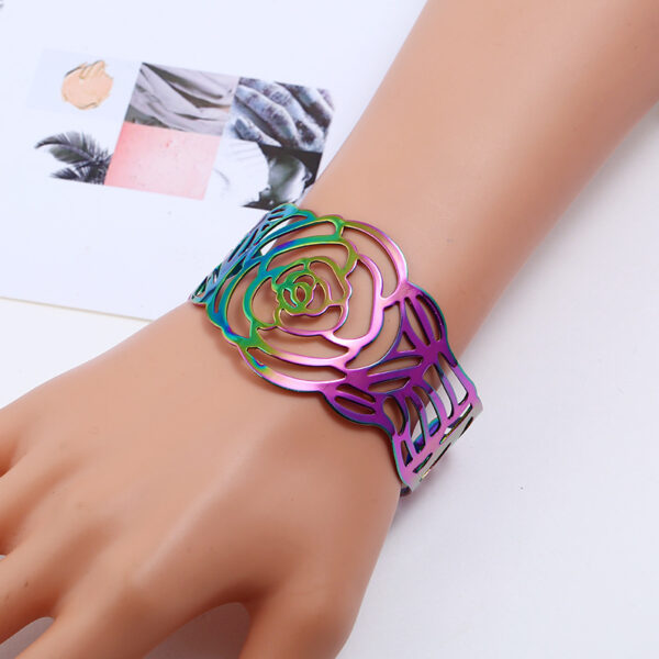 Wholesale Women's European and American Carved Colorful Bracelet Fashion Wide Face Hollow Metal Rose Open Arm Ring Cross-border Jewelry