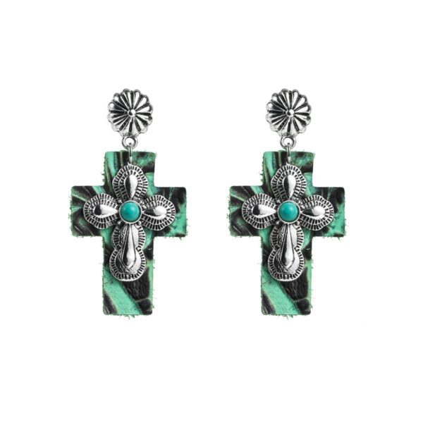 oly-3b078cd1abbc142294633f5b154f6ebb Wholesale Exaerated Cross Earrings with Inlaid Turquoise Leather