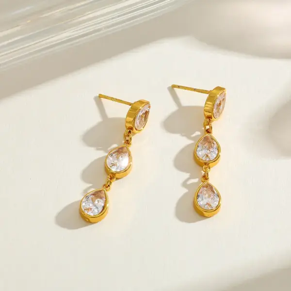 Wholesale 18K Gold Plated Stainless Steel Zirconia Tear Drop Multi-Pendent Earrings Elegant Casual Fashion Jewelry For Women