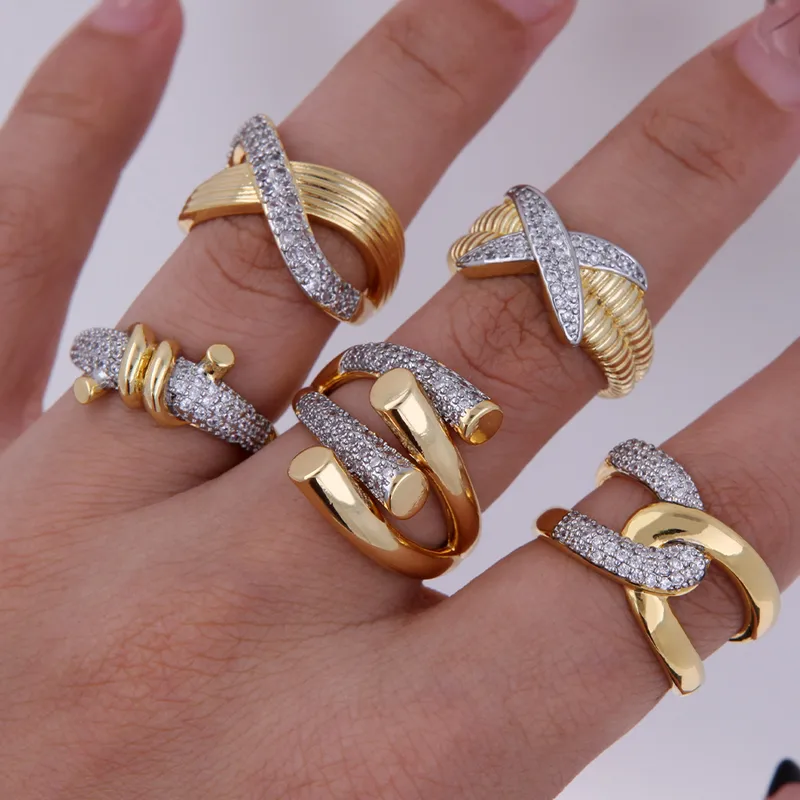 Wholesale Copper 18K Gold Plated Inlay Lines Zircon Open Rings