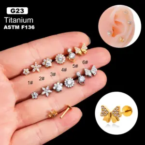 Wholesale 1 Piece Ear Cartilage Rings & Studs Basic Classic Style Flower Bow Knot Titanium Plating Inlay Zircon Lip Rings Ear Cartilage Rings & Studs