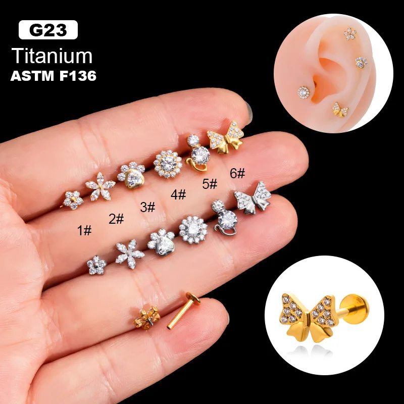 Wholesale 1 Piece Ear Cartilage Rings & Studs Basic Classic Style Flower Bow Knot Titanium Plating Inlay Zircon Lip Rings Ear Cartilage Rings &