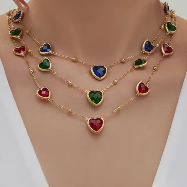 Wholesale 304 Stainless Steel Heart Glass Stone Zircon Earrings Heart Multicolor Vacuum Plating Chain Necklace Bracelet