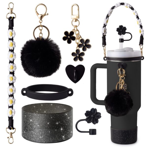 Wholesale Stanley Cup Accessories Silicone Flower Straw Cap Braided Portable Rope Water Cup Chain Keychain Pendant