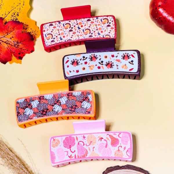 Wholesale Thanksgiving Turkey Pumpkin Leather Print Rectangular Claw Clip