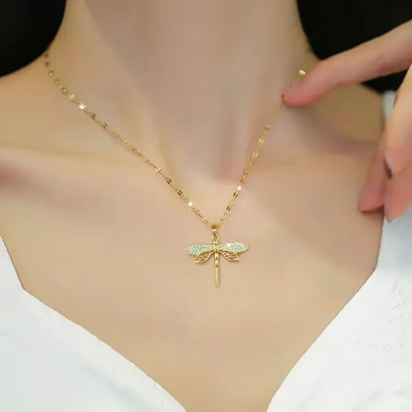 Wholesale PVD Coated Real Gold Plated Dragonfly Titanium Steel Classic Style Waterproof Non Tarnish Titanium Steel Pendant Necklace