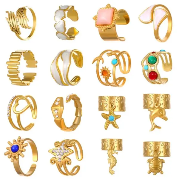 Wholesale 304 Stainless Steel Flower Ion Plating (IP) K Gold Plated Silver Plated IG Style Waterproof Non Tarnish Surgical Steel Hollow Out Open Rings
