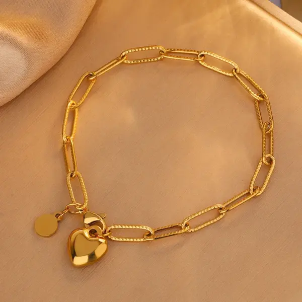 304 Stainless Steel Paper Clip Heart Shape Ion Plating (IP) 18K Gold Plated Retro Classic Style Waterproof Non Tarnish Regular Chain Bracelets Necklace Jewelry Set