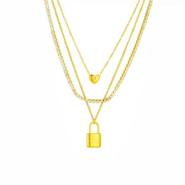 PVD Coated 18K Gold Plated Heart Shape Lock 304 Stainless Steel Retro Punk Waterproof Non Tarnish 304 Stainless Steel Three Layer Necklace