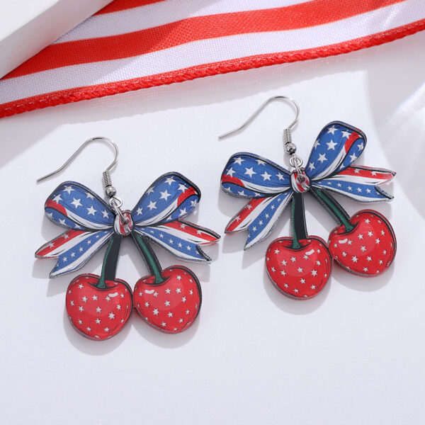 oly-3b819c76d88cc245673c7e501e4624c5 Wholesale Cross-border New Independence Day Red White Blue Bow Cherry American Flag Pendant Earrings Acrylic Earrings