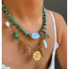 Wholesale 304 Stainless Steel Geometric PVD Coated Imitation Pearl Natural Stone Rhinestones Real Gold Plated IG Style Elegant Retro Waterproof Non Tarnish Surgical Steel Cross Chain Handmade String Beads Chain Lobster Trigger Clasp Closure Green Gold Multi Charms Necklace