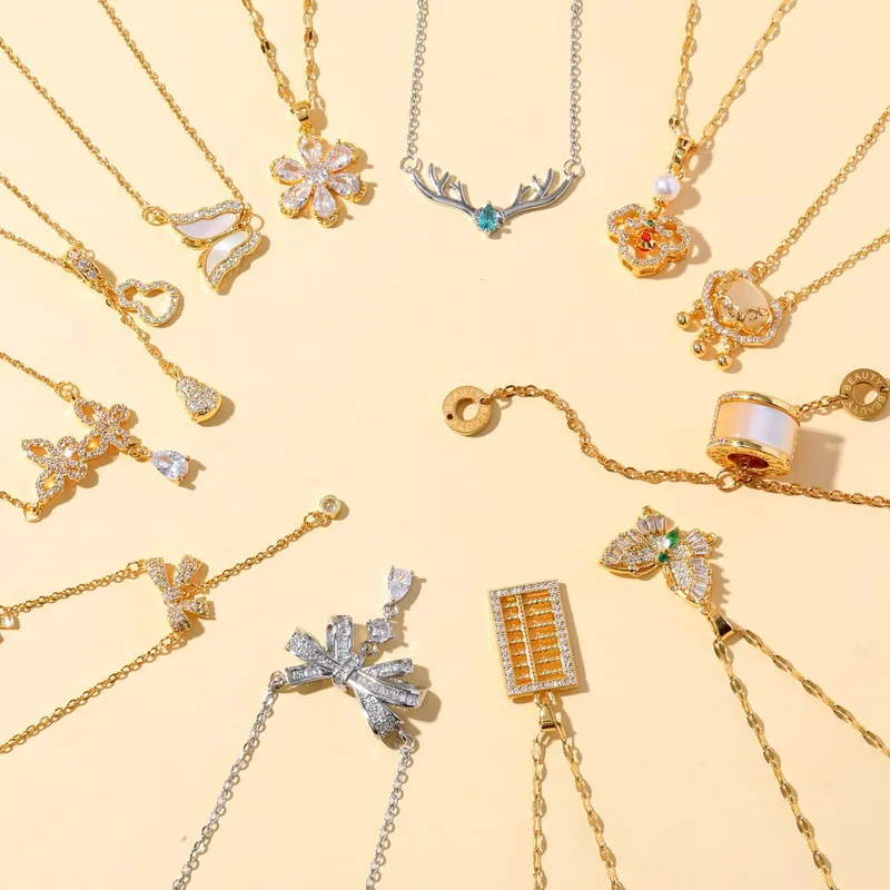 Wholesale Women's Flower Inlaid Zircon Cross Necklace Simple Bohemian Style Titanium Steel Fashion Jewelry Collarbone Chain Pendant