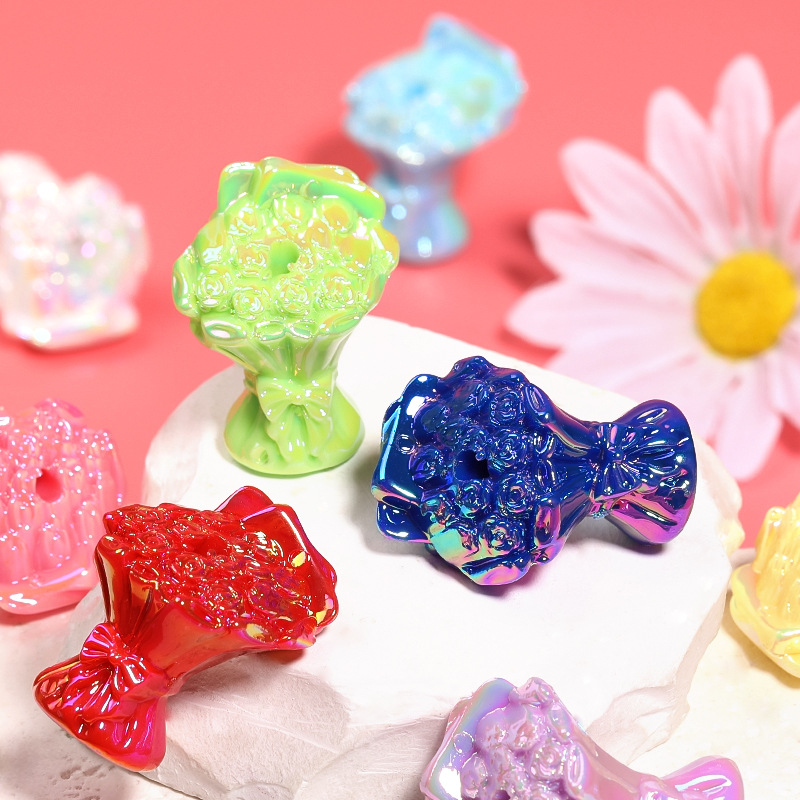 Wholesale UV Colored Bow Hand Flower Vertical Hole Beaded Solid Color Rose Bouquet Acrylic Beads DIY Jewelry Aessories