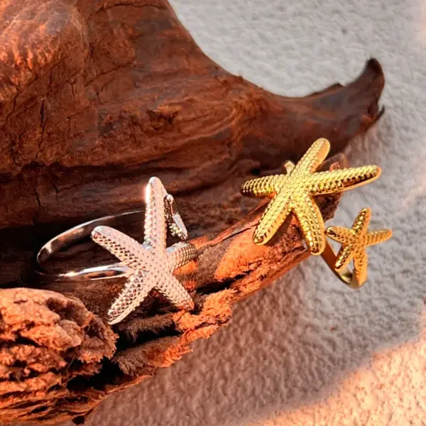 PVD Coated Real Gold Plated 18K Gold Starfish 304 Stainless Steel Retro Waterproof Non Tarnish Open Rings