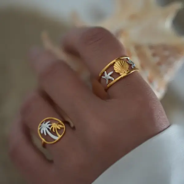 Wholesale PVD Coated Real Gold Plated 18K Gold Coconut Tree Starfish Ocean 304 Stainless Steel Retro Vacation Waterproof Non Tarnish Open Rings