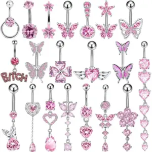 Wholesale Stainless Steel Pierced Pink Series Belly Button Ring Butterfly Heart Zirconia Embedded Belly Hoop Women's Fashion Jewelry