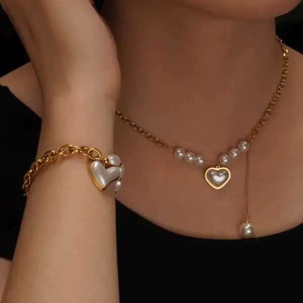 304 Stainless Steel Plastic Heart Shape Ion Plating (IP) 18K Gold Plated Elegant Waterproof Non Tarnish Beaded Pearl Regular Chain Gold Bracelets Necklace Jewelry Set