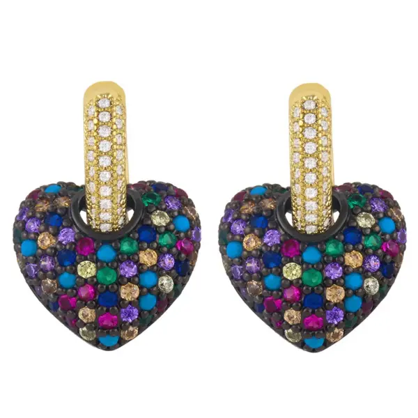 Wholesale Fashion Heart Inlaid Zircon Copper Artificial Gemstones 18k Gold Plated Earrings