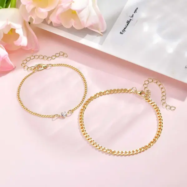 Wholesale Valentine's Day Jewelry 201 Stainless Steel Imitation Gold Plated Heart-Shaped Zircon Couple Bracelet Two-Piece Set Waterproof Non-Fading Cuban Chain