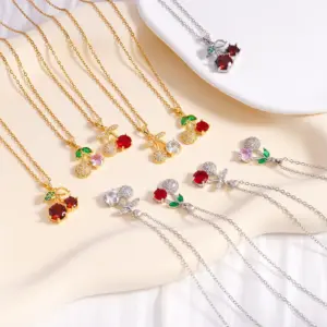 Wholesale Jewelry Elegant Cherry Copper Zircon Plating Pendant Necklace Cable Chain
