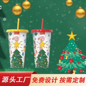 Wholesale Christmas 24oz Large-Capacity Pp Material Water Cup Plastic with Straw, Changes Color When Exposed to Cold, Student Water Cup