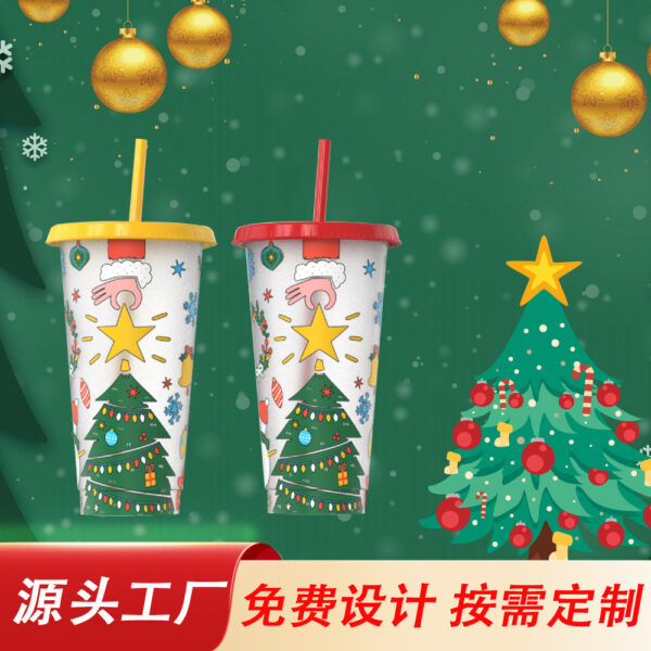 Wholesale Christmas 24oz Large-Capacity Pp Material Water Cup Plastic with Straw, Changes Color When Exposed to Cold, Student Water Cup