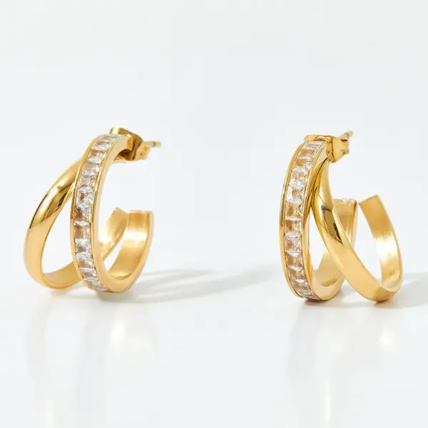 Wholesale Fashion C Shape Inlay 304 Stainless Steel Zircon 16K Gold Plated White Gold Plated Gold Plated Stainless Steel Earrings