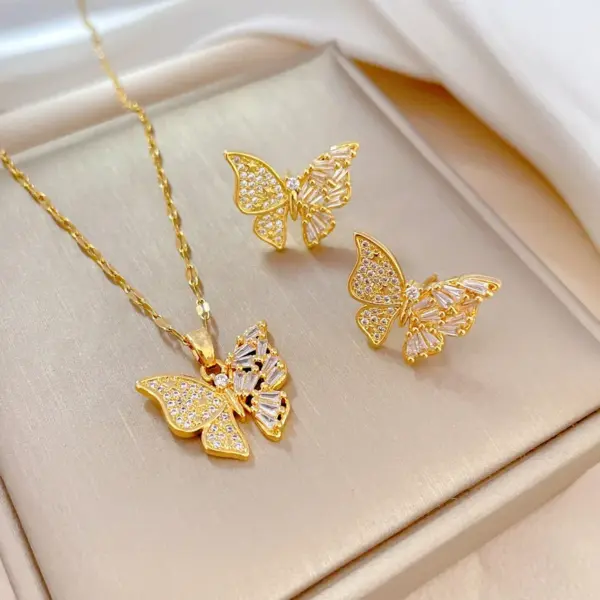 Wholesale Sweet Butterfly Titanium Steel Copper Inlay Zircon Earrings Necklace