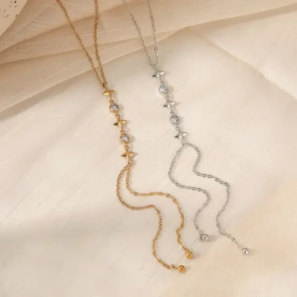 304 Stainless Steel Round Star Lines PVD Coated Zircon Real Gold Plated Necklace