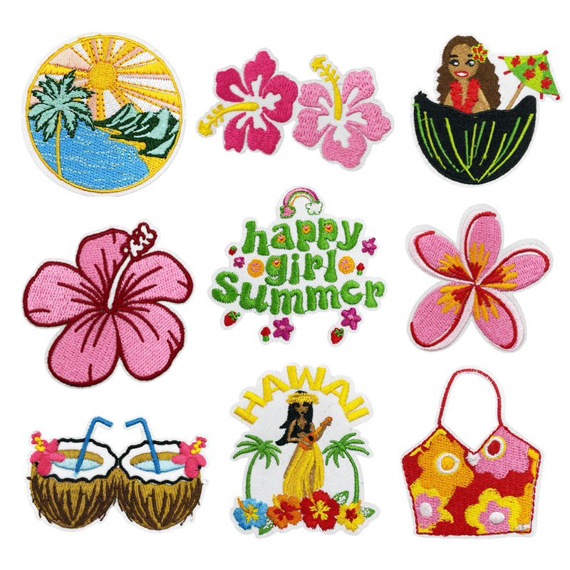 Wholesale Cross-border New Summer Hawaiian Series Embroidered Cloth Stickers Cartoon Flower Letters Patch Chilen's Decorative Stickers