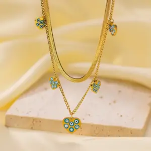 Qyh1184 Eyes Heart-Shaped Double Chain Necklace / Gold