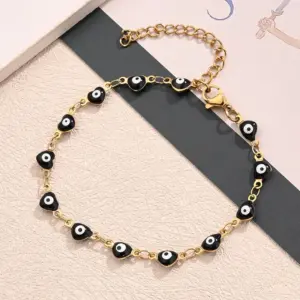 Black Horizontal Love Heart-Shaped Eye Bracelet (Gold) / 10x5mm (Length:170+50mm) / 1 Strand/Package