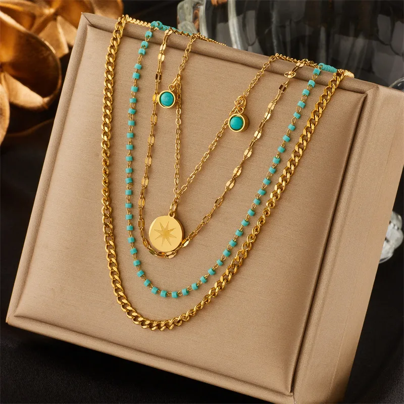 Wholesale PVD Coated Real Gold Plated Round Eight-pointed Stars Titanium Steel Retro Commute Waterproof Non Tarnish Layered Necklaces