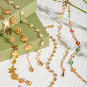 Wholesale 304 Stainless Steel Colorful Floral Daisy PVD Coated Real Gold Plated 18K Gold Vacation Sweet Waterproof Non Tarnish Cuban Link Chain Curb Chain Safety Clasp Closure Colour Bracelets