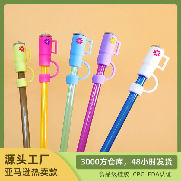 Wholesale Amazon Explosions Stanley Food Grade Silicone Solid Color Straw Cap Flower Straw Sleeve Dust-proof Straw Plug