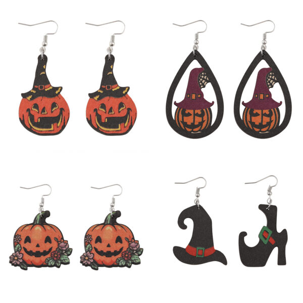 Wholesale Cross-Border New Halloween Gothic Style Ghost Face Pumpkin Witch Hat Witch Boots Pendant Earrings Wooden Double-Sided Earrings