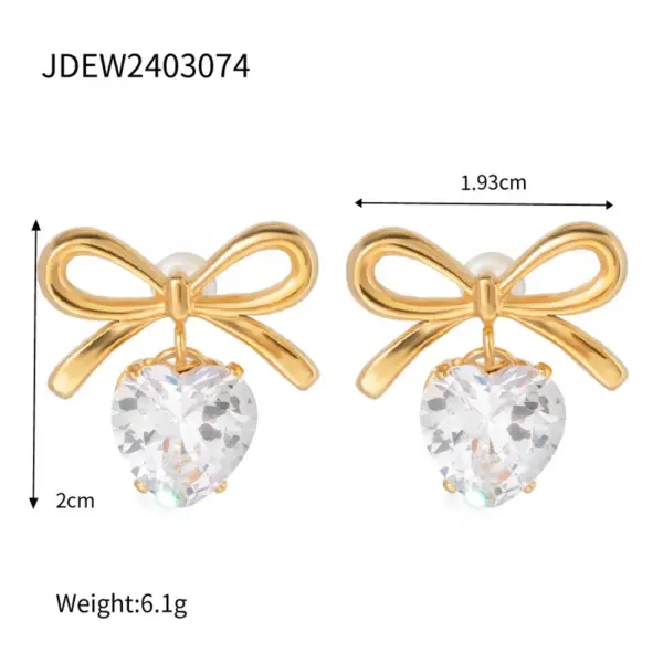 Wholesale 304 Stainless Steel Heart Shape Bow Knot PVD Coated Zircon Real Gold Plated 18K Gold Elegant Sweet Waterproof Non Tarnish Inlay Ear Studs