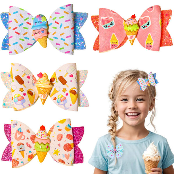 Wholesale Shiny Ice Cream Bow Double Layer Bow Girl Baby Cloth Clip Bow
