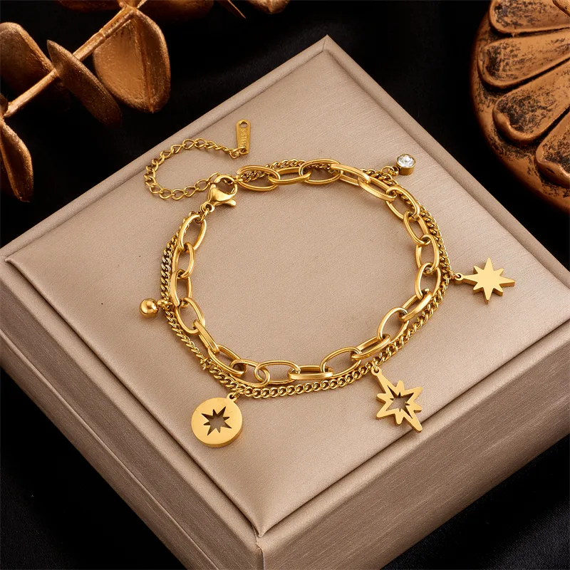 Wholesale Fashion Star 304 Stainless Steel 18K Gold Plated Stainless Steel Bracelets In Bulk
