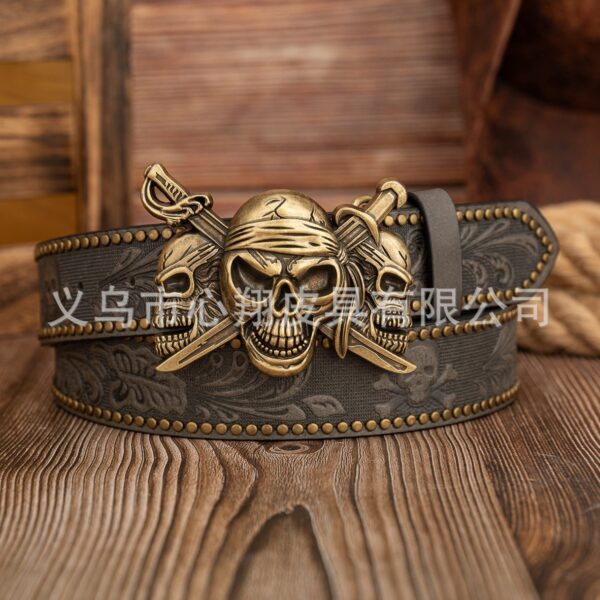 Wholesale Cross-Border Punk Double Sword Three Ghost Buckle Retro Western Cowboy Pu Leather Belt