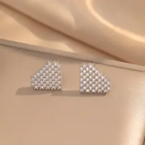 242 Fully Jeweled Loving Heart Stud Earrings / Steel Color