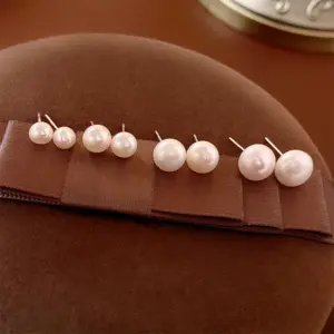 1 Pair Solid Color 925 Sterling Sier Freshwater Pearl Ear Studs