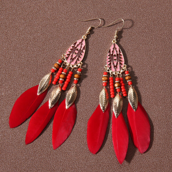 Wholesale European and American Hot-selling Feather Earrings Ethnic Style Travel Water Drops Tassel Feather Long Bohemian Rice Beads Earrings