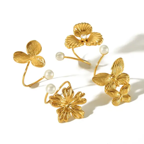 PVD Coated Real Gold Plated 18K Gold Leaf Flower Butterfly 304 Stainless Steel Vintage Style French Style Waterproof Non Tarnish Open Rings