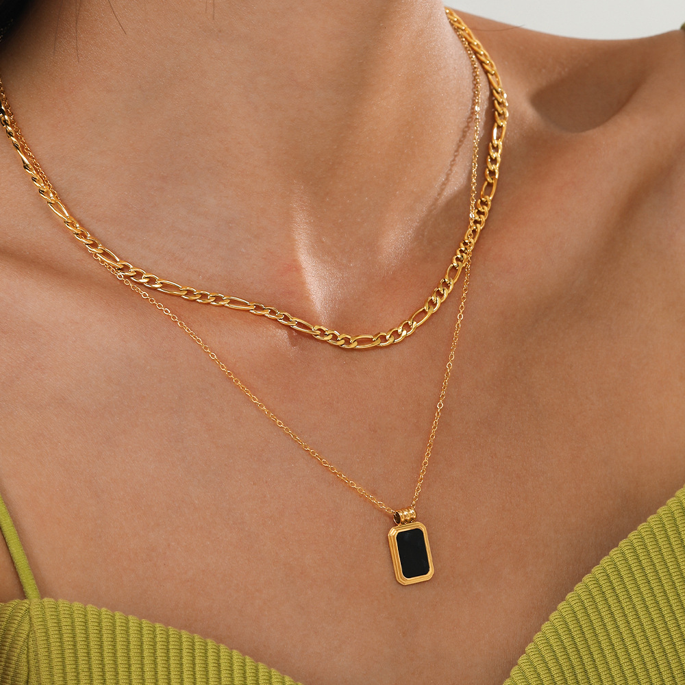 Wholesale European and American Double-Layer Square Pendant Stainless Steel Necklace Design Elegant Versatile Cuban Chain